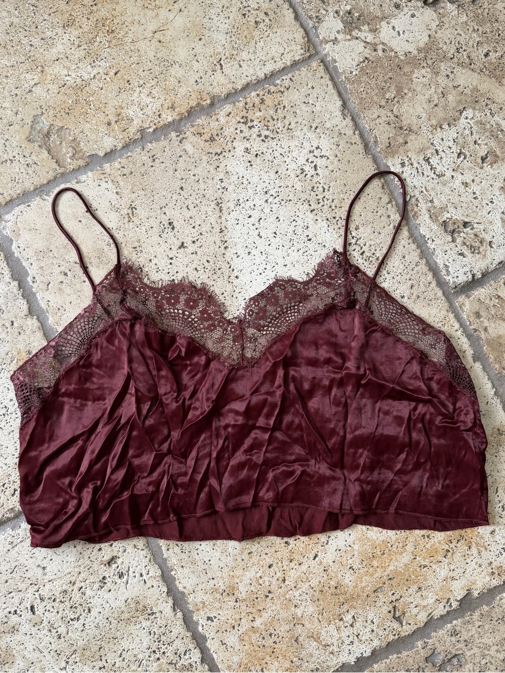 Free People Satin Lace-Trim Crop Top in Burgundy